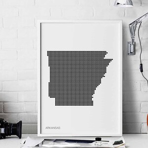 ARKANSAS EUA estado pontos mínimos retro mapa pôster preto branco decoração de parede design moderno suíço escandinavo nórdico inauguração de casa viagem