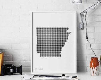ARKANSAS US state minimal dots retro map poster black white wall decor design modern swiss scandinavian nordic housewarming travel