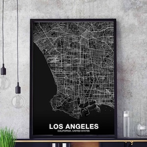 LOS ANGELES Californië, VS kaart poster zwart wit geboorteplaats stad print modern interieur kantoordecoratie muur kunst slaapzaal slaapkamer cadeau