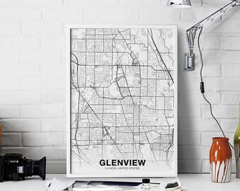 GLENVIEW Illionis IL usa map poster black white Hometown City Print Modern Home Decor Office Decoration Wall Art Dorm Bedroom Gift