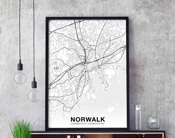 NORWALK Connecticut CT US map poster black white Hometown City Print Modern Home Decor Office Decoration Wall Art Dorm Bedroom Gift