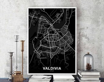 VALDIVIA Chile map poster black white Hometown City Print Modern Home Decor Office Decoration Wall Art Dorm Bedroom Gift