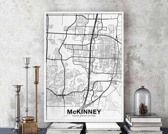 McKINNEY Texas TX USA map poster black white Hometown City Print Modern Home Decor Office Decoration Wall Art Dorm Bedroom Gift
