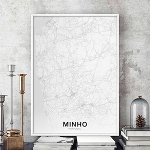 MINHO regio Portugal kaart poster zwart wit Woonplaats Stad Print Modern Home Decor Kantoor Decoratie Wall Art Slaapzaal Slaapkamer Cadeau