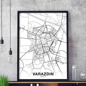 VARAZDIN, croatie, carte, affiche, noir blanc, ville natale, ville, impression, moderne, décoration intérieure, bureau, décoration, mur, art, dortoir, chambre, cadeau