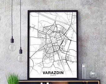 VARAZDIN Croatia map poster black white Hometown City Print Modern Home Decor Office Decoration Wall Art Dorm Bedroom Gift