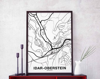 IDAR-OBERSTEIN Germany map poster black white Hometown City Print Modern Home Decor Office Decoration Wall Art Dorm Bedroom Gift
