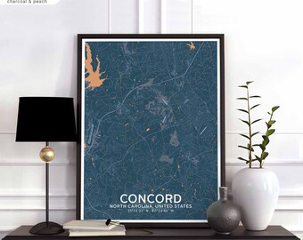 CONCORD North Carolina USA map poster black white Hometown City Print Modern Home Decor Office Decoration Wall Art Dorm Bedroom Gift