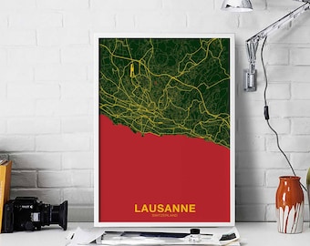 LAUSANNE Switzerland map poster color Hometown City Print Modern Home Decor Office Decoration Wall Art Dorm Bedroom Gift