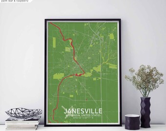 JANESVILLE Wisconsin USA map poster black white Hometown City Print Modern Home Decor Office Decoration Wall Art Dorm Bedroom Gift