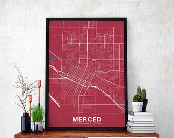 MERCED California CA USA poster color Hometown City Print Modern Home Decor Office Decoration Wall Art Dorm Bedroom Gift