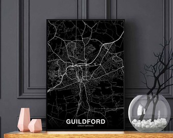 GUILDFORD Great Britain GB UK map poster black white Hometown City Print Modern Home Decor Office Decoration Wall Art Dorm Bedroom Gift