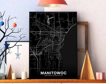 MANITOWOC Wisconsin WI US map poster black white Hometown City Print Modern Home Decor Office Decoration Wall Art Dorm Bedroom Gift