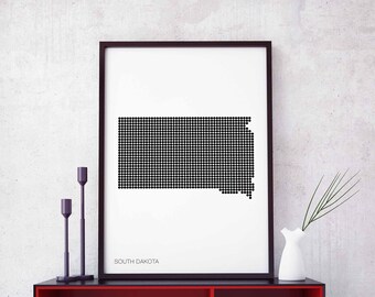 SOUTH DAKOTA US state minimal dots retro map poster black white wall decor design modern swiss scandinavian nordic housewarming travel