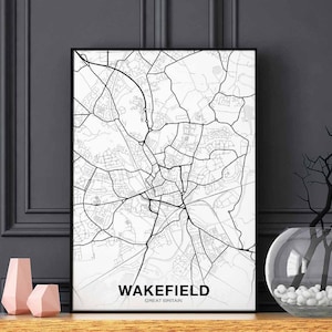 WAKEFIELD Grande-Bretagne Royaume-Uni carte affiche noir blanc ville natale ville impression moderne décoration maison bureau décoration mur art dortoir chambre cadeau