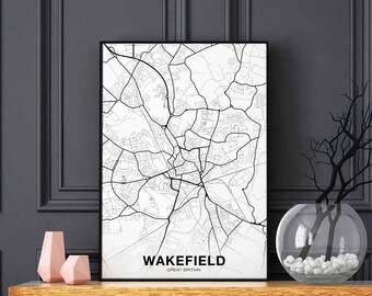 WAKEFIELD Great Britain UK map poster black white Hometown City Print Modern Home Decor Office Decoration Wall Art Dorm Bedroom Gift