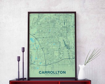 CARROLLTON Texas TX US map poster color Hometown City Print Modern Home Decor Office Decoration Wall Art Dorm Bedroom Gift