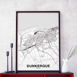 DUNKERQUE France carte affiche noir blanc ville natale ville impression moderne décor à la maison bureau décoration mur art dortoir chambre cadeau