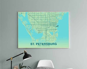 ST PETERSBURG Florida FL usa map poster color Hometown City Print Modern Home Decor Office Decoration Wall Art Dorm Bedroom Gift