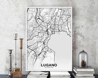 LUGANO Switzerland map poster black white Hometown City Print Modern Home Decor Office Decoration Wall Art Dorm Bedroom Gift