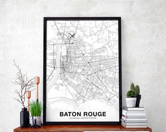 BATON ROUGE Louisiana LO usa map poster black white Hometown City Print Modern Home Decor Office Decoration Wall Art Dorm Bedroom Gift