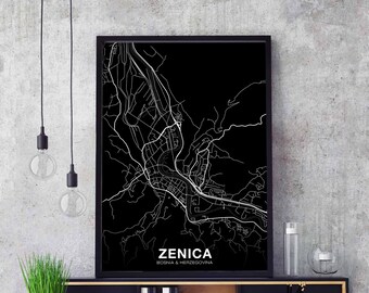 ZENICA Bosnia Herzegovina map poster black white Hometown City Print Modern Home Decor Office Decoration Wall Art Dorm Bedroom Gift