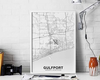 GULFPORT Mississippi MS USA map poster black white Hometown City Print Modern Home Decor Office Decoration Wall Art Dorm Bedroom Gift