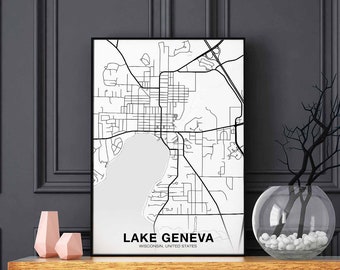 LAKE GENEVA Wisconsin WI usa map poster black white Hometown City Print Modern Home Decor Office Decoration Wall Art Dorm Bedroom Gift