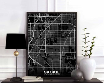 SKOKIE Illinois IL USA map poster black white Hometown City Print Modern Home Decor Office Decoration Wall Art Dorm Bedroom Gift