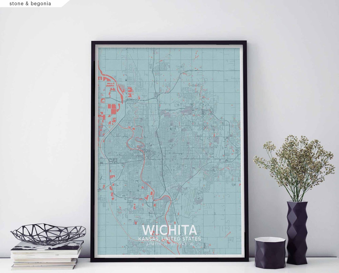 WICHITA カンザス州 アメリカ地図 ポスター 黒 白 故郷 都市 プリント