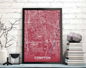 COMPTON California CA US map poster color Hometown City Print Modern Home Decor Office Decoration Wall Art Dorm Bedroom Gift