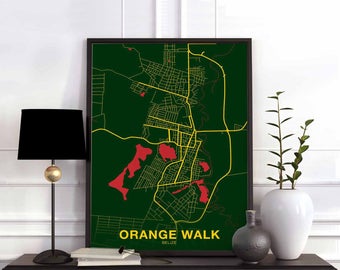ORANGE WALK Belize map poster color Hometown City Print Modern Home Decor Office Decoration Wall Art Dorm Bedroom Gift