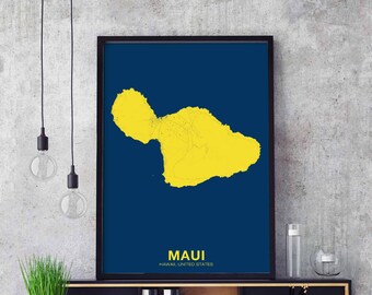 MAUI Island Hawaii HI US map poster color Hometown City Print Modern Home Decor Office Decoration Wall Art Dorm Bedroom Gift