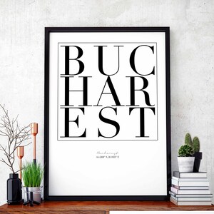 Bucharest minimal typography art print poster black white wall decor design modern swiss scandinavian nordic inspiration city