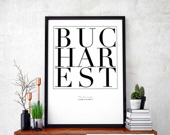 Bucharest minimal typography art print poster black white wall decor design modern swiss scandinavian nordic inspiration city