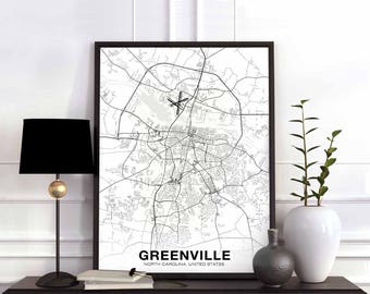 GREENVILLE North Carolina NC USA map poster black white Hometown City Print Modern Home Decor Office Decoration Wall Art Dorm Bedroom Gift