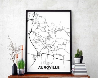 AUROVILLE India map poster black white Hometown City Print Modern Home Decor Office Decoration Wall Art Dorm Bedroom Gift