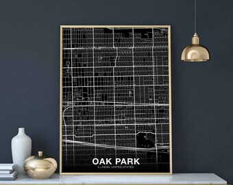 OAK PARK Illinois IL usa map poster black white Hometown City Print Modern Home Decor Office Decoration Wall Art Dorm Bedroom Gift