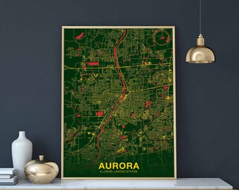 AURORA Illinois IL US map poster color Hometown City Print Modern Home Decor Office Decoration Wall Art Dorm Bedroom Gift