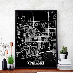YPSILANTI Michigan MI USA carte affiche noir blanc ville natale ville impression moderne décor à la maison bureau décoration mur art dortoir chambre cadeau