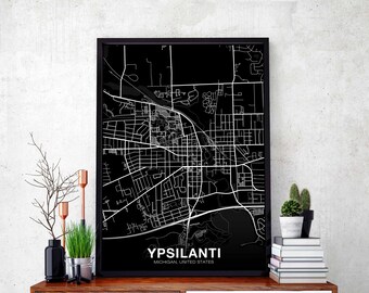 YPSILANTI  Michigan MI USA map poster black white Hometown City Print Modern Home Decor Office Decoration Wall Art Dorm Bedroom Gift