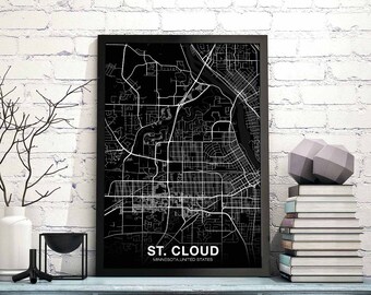 ST CLOUD Minnesota MN usa map poster black white Hometown City Print Modern Home Decor Office Decoration Wall Art Dorm Bedroom Gift
