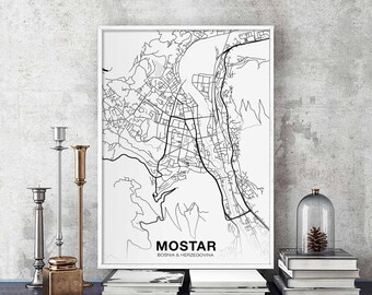 MOSTAR Bosnia map poster Hometown City Print Modern Home Decor Office Decoration Wall Art Dorm Bedroom Gift