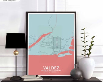 VALDEZ Alaska USA map poster black white Hometown City Print Modern Home Decor Office Decoration Wall Art Dorm Bedroom Gift