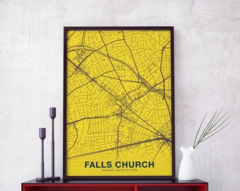 FALLS CHURCH Virginia VA usa map poster color Hometown City Print Modern Home Decor Office Decoration Wall Art Dorm Bedroom Gift