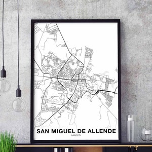 SAN MIGUEL de ALLENDE Mexique carte affiche noir blanc ville natale ville impression moderne décor à la maison bureau décoration mur art dortoir chambre cadeau