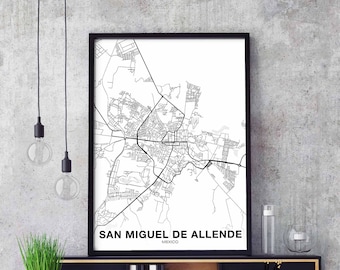 SAN MIGUEL de ALLENDE Mexico map poster black white Hometown City Print Modern Home Decor Office Decoration Wall Art Dorm Bedroom Gift