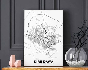 DIRE DAWA Ethiopia map poster black white Hometown City Print Modern Home Decor Office Decoration Wall Art Dorm Bedroom Gift