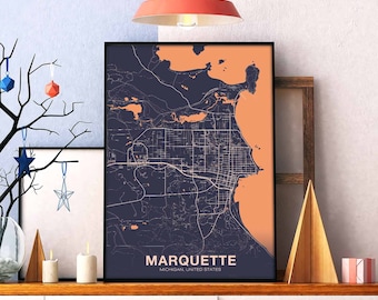 MARQUETTE Michigan MI usa map poster color Hometown City Print Modern Home Decor Office Decoration Wall Art Dorm Bedroom Gift