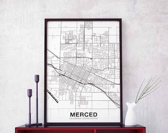 MERCED California CA USA map poster black white Hometown City Print Modern Home Decor Office Decoration Wall Art Dorm Bedroom Gift
